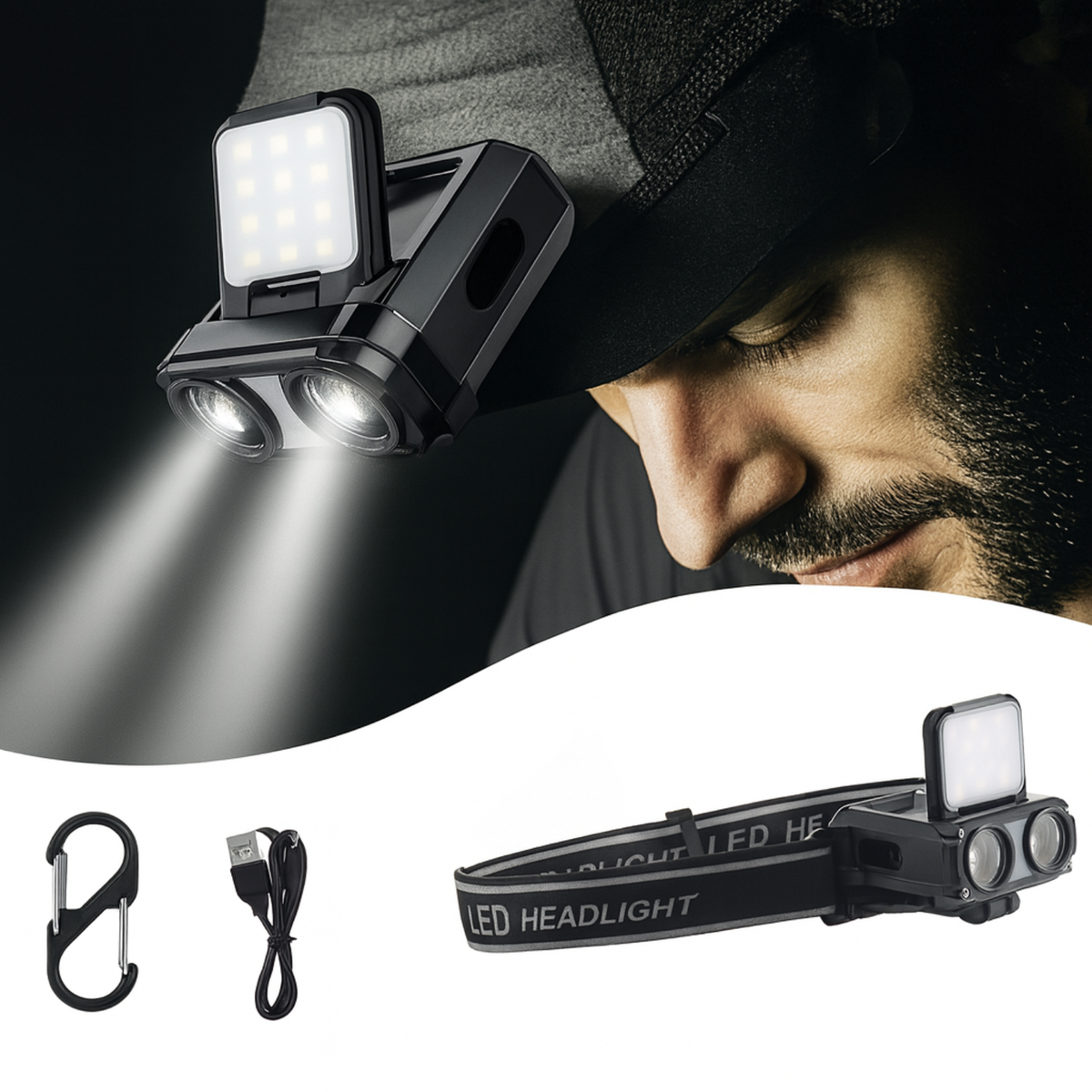 Lampe frontale LED 2-en-1 rechargeable USB-C